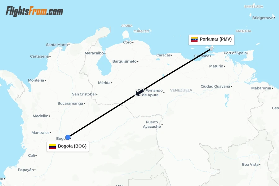 Flights from Porlamar to Bogota route map