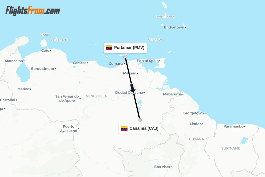 Flights from Porlamar to Canaima route map