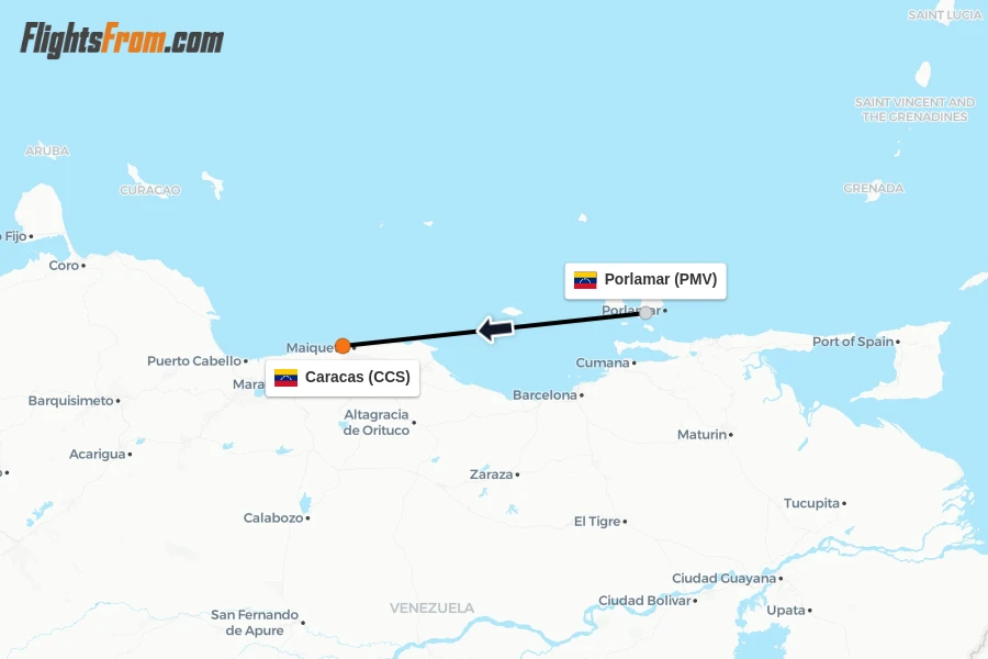 Flights from Porlamar to Caracas route map