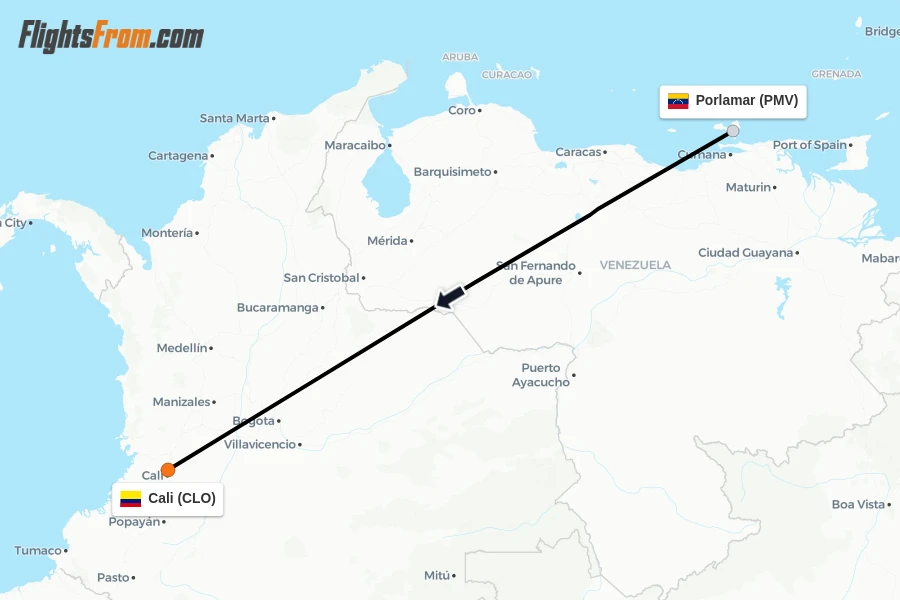 Flights from Porlamar to Cali route map