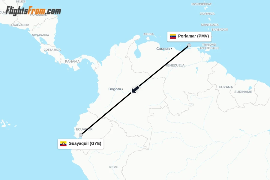 Flights from Porlamar to Guayaquil route map