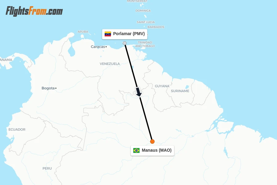 Flights from Porlamar to Manaus route map