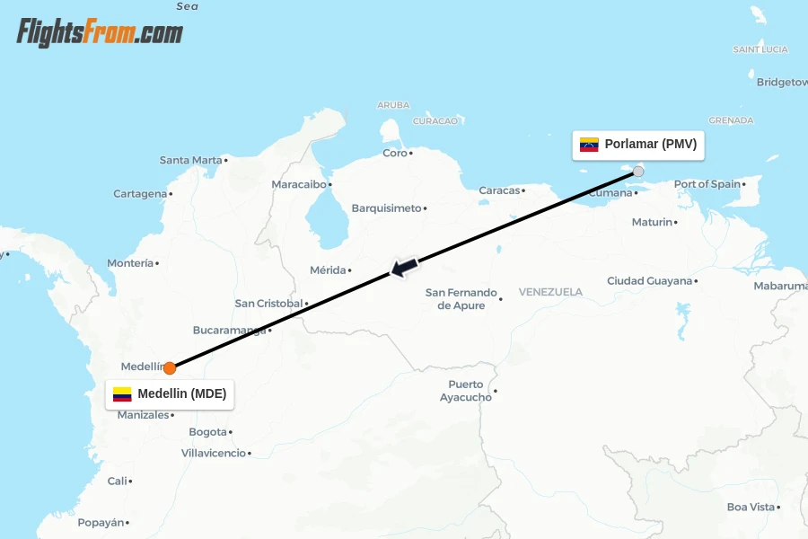 Flights from Porlamar to Medellin route map