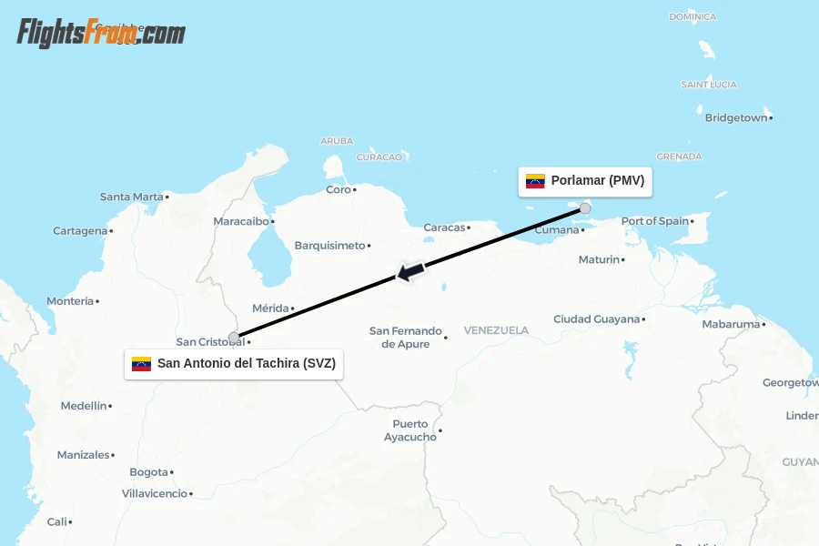 Flights from Porlamar to San Antonio del Tachira route map
