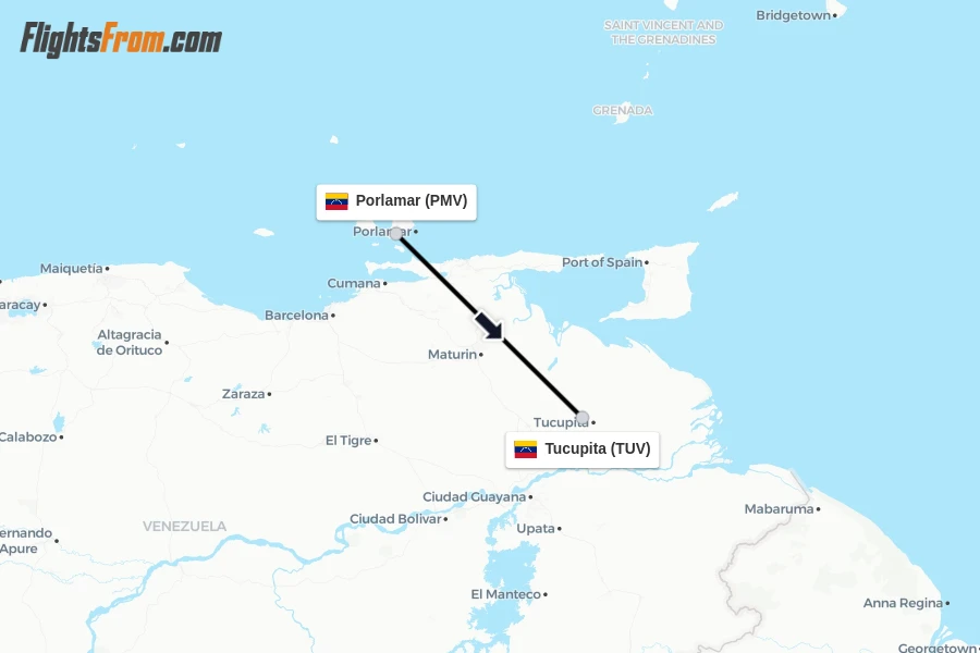 Flights from Porlamar to Tucupita route map