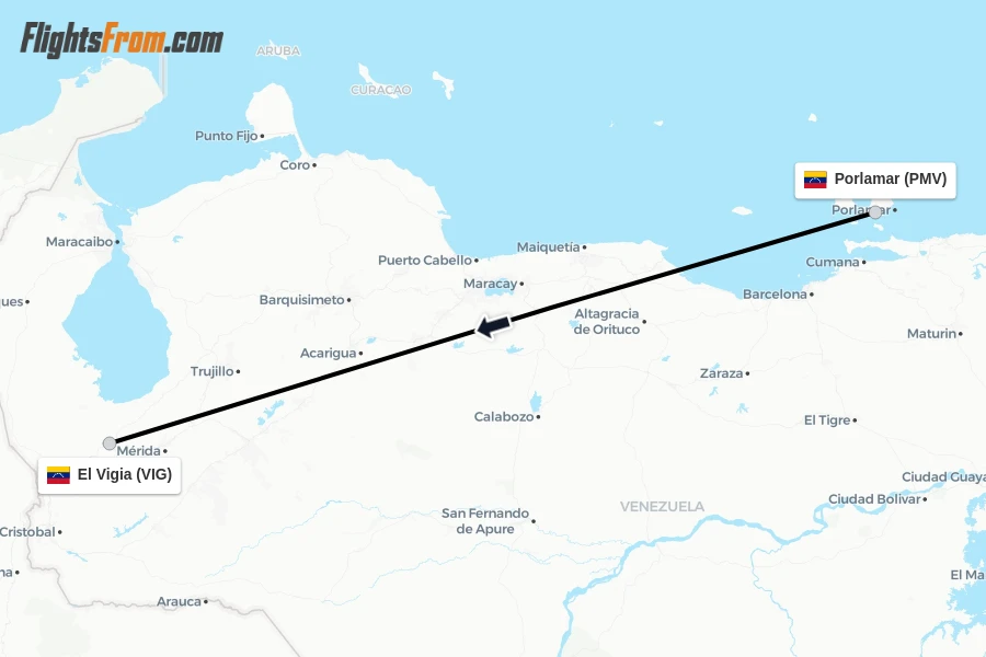 Flights from Porlamar to El Vigia route map