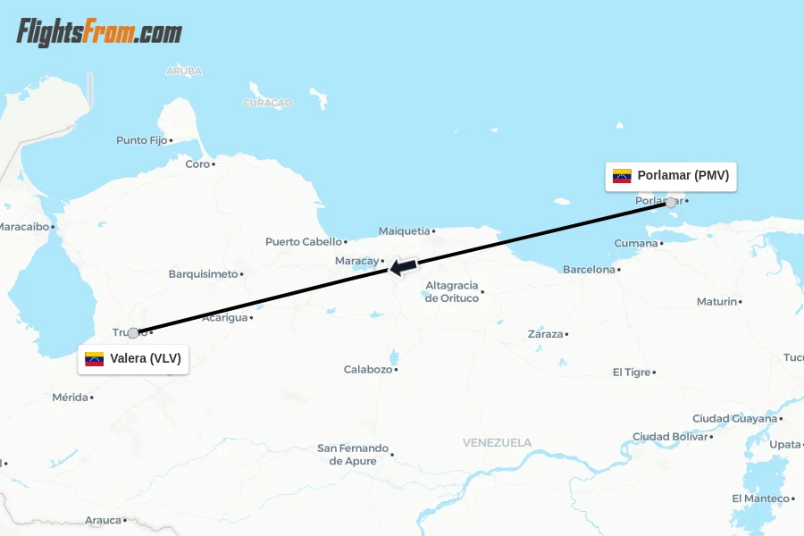 Flights from Porlamar to Valera route map
