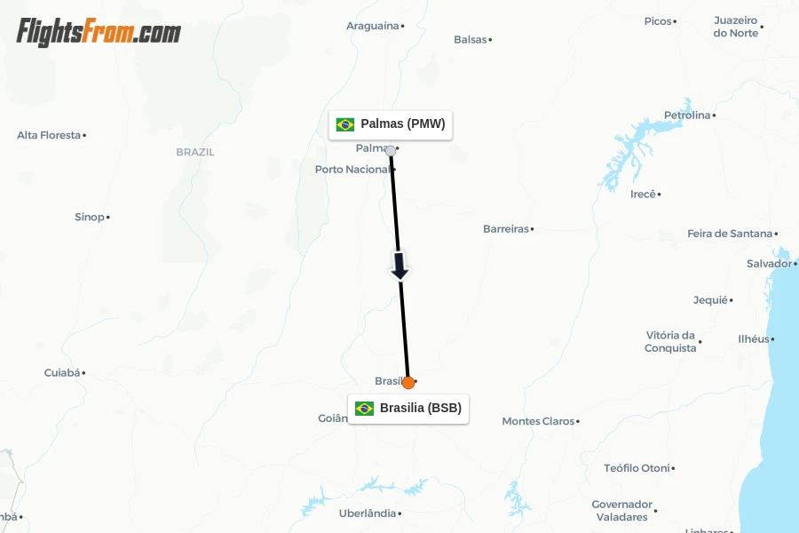 Flights from Palmas to Brasilia route map