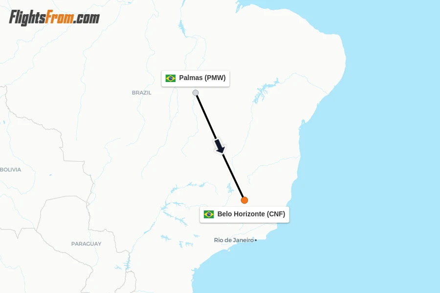 Flights from Palmas to Belo Horizonte route map