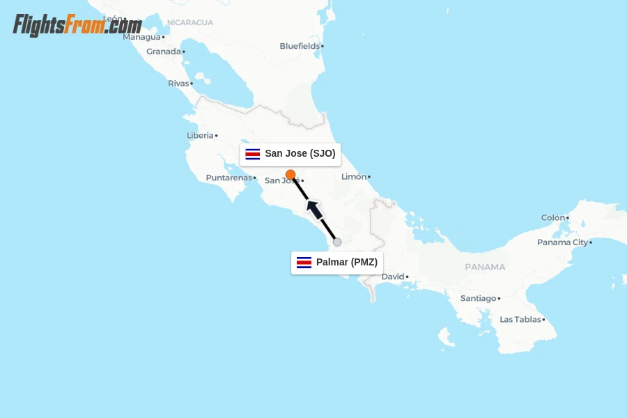 Flights from Palmar to San Jose route map