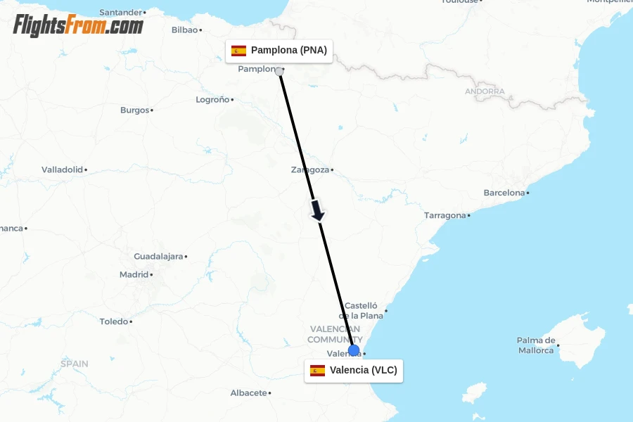 Flights from Pamplona to Valencia route map