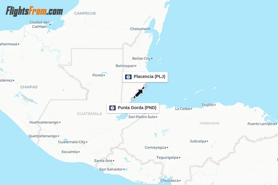 Flights from Punta Gorda to Placencia route map