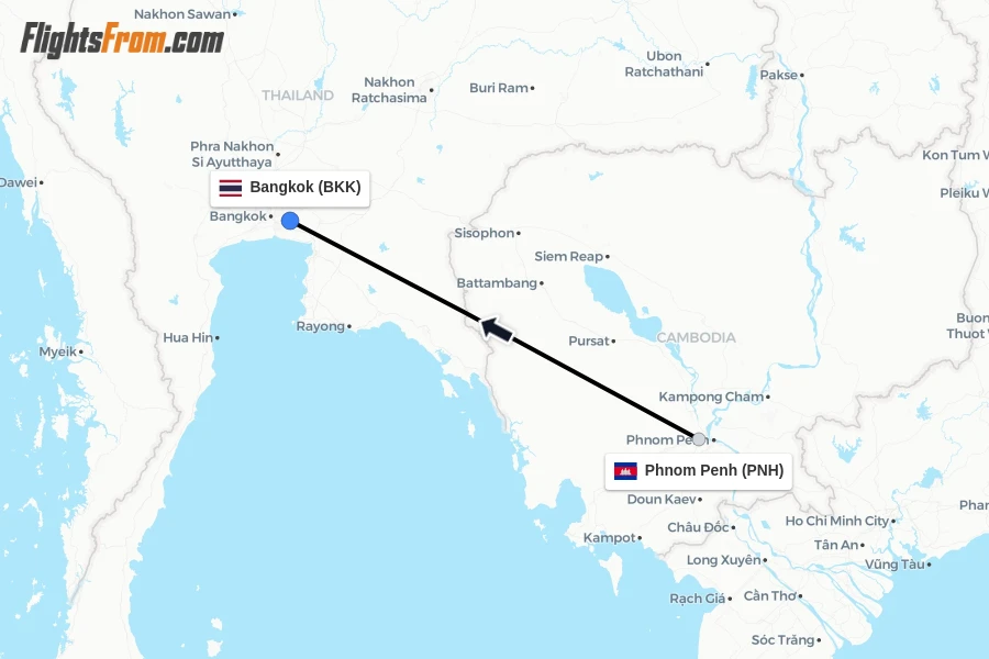 Flights from Phnom Penh to Bangkok route map