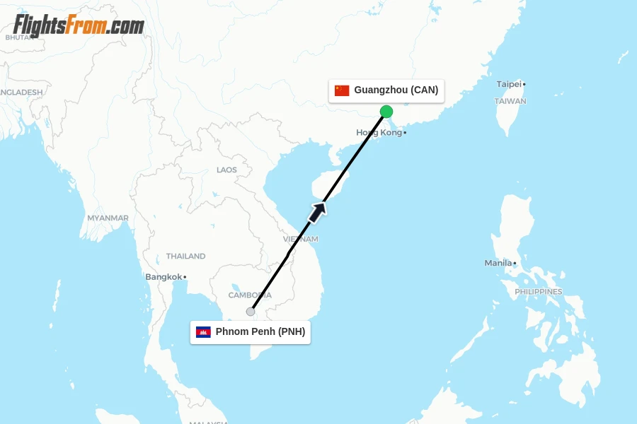 Flights from Phnom Penh to Guangzhou route map