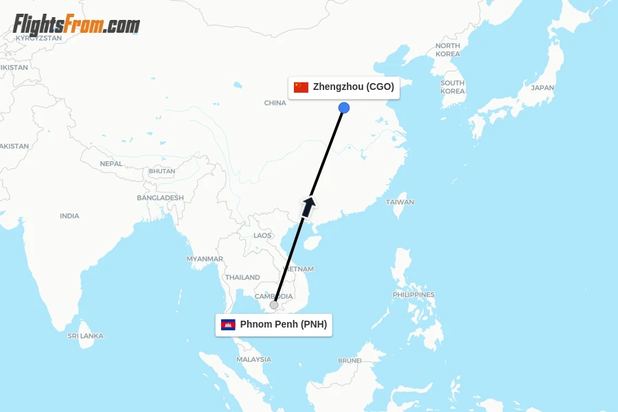 Flights from Phnom Penh to Zhengzhou route map