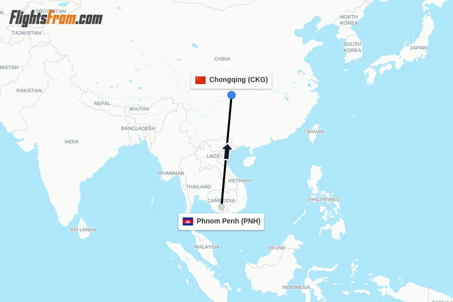 Flights from Phnom Penh to Chongqing route map