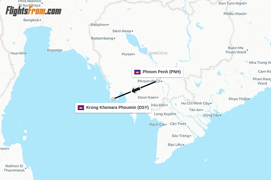 Flights from Phnom Penh to Krong Khemara Phoumin route map