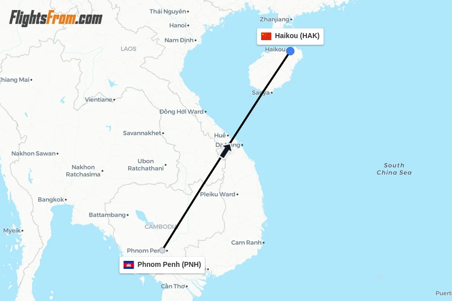 Flights from Phnom Penh to Haikou route map