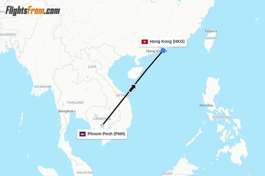 Flights from Phnom Penh to Hong Kong route map