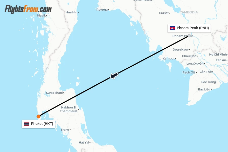 Flights from Phnom Penh to Phuket route map