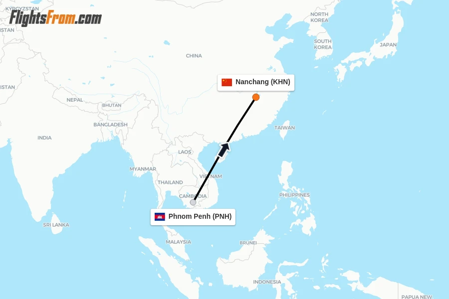 Flights from Phnom Penh to Nanchang route map
