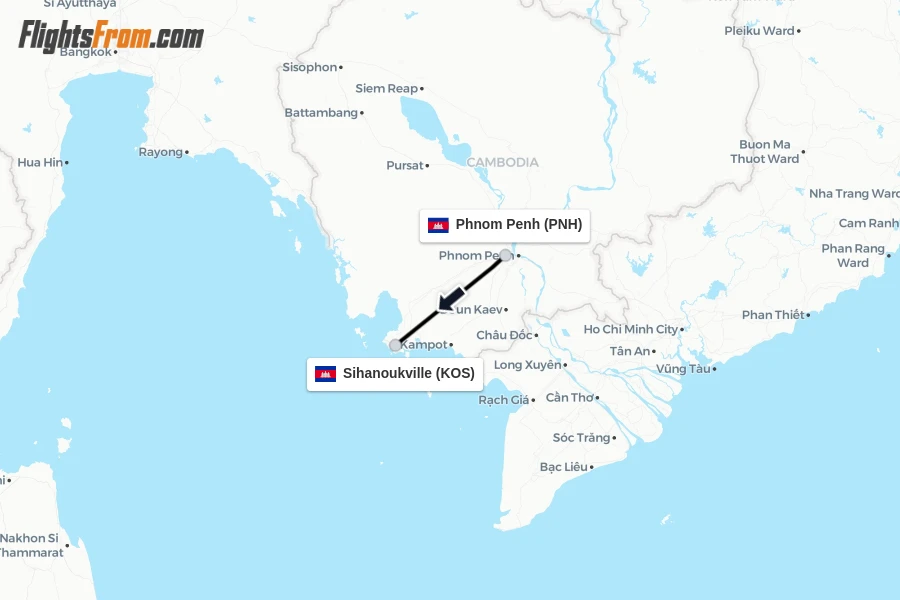 Flights from Phnom Penh to Sihanoukville route map