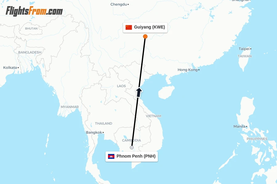 Flights from Phnom Penh to Guiyang route map