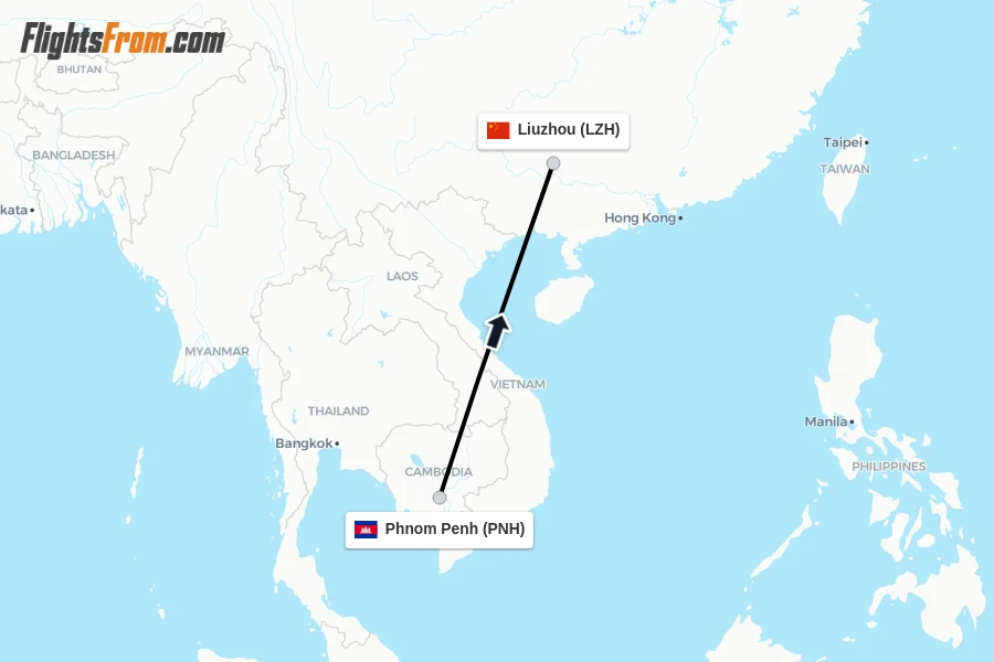 Flights from Phnom Penh to Liuzhou route map