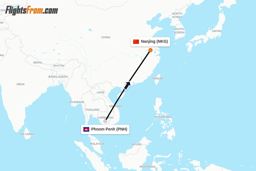 Flights from Phnom Penh to Nanjing route map