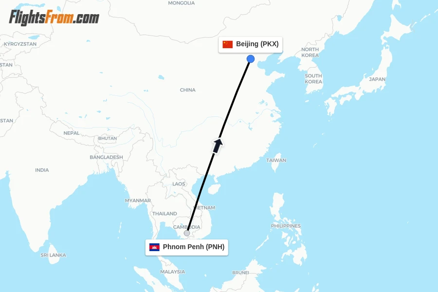Flights from Phnom Penh to Beijing route map