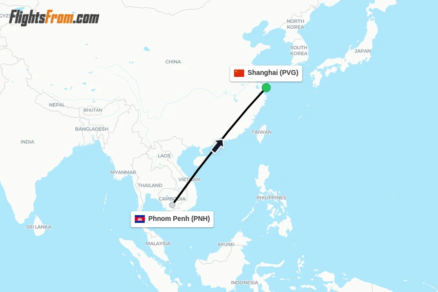 Flights from Phnom Penh to Shanghai route map