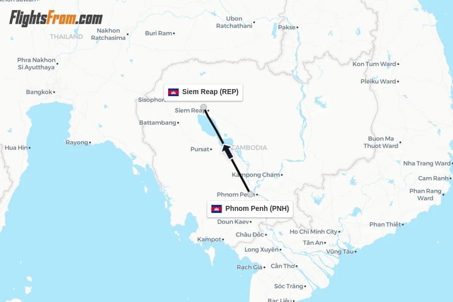 Flights from Phnom Penh to Siem Reap route map
