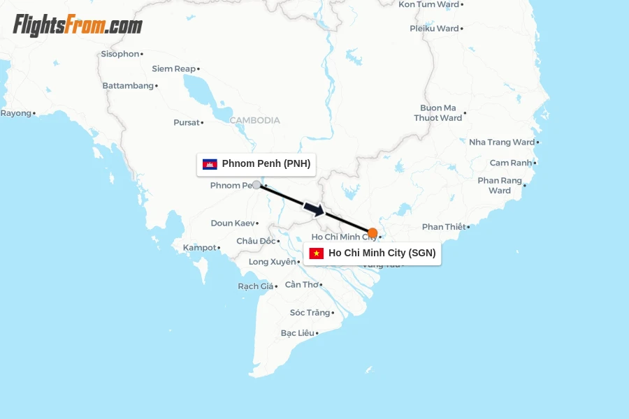 Flights from Phnom Penh to Ho Chi Minh City route map