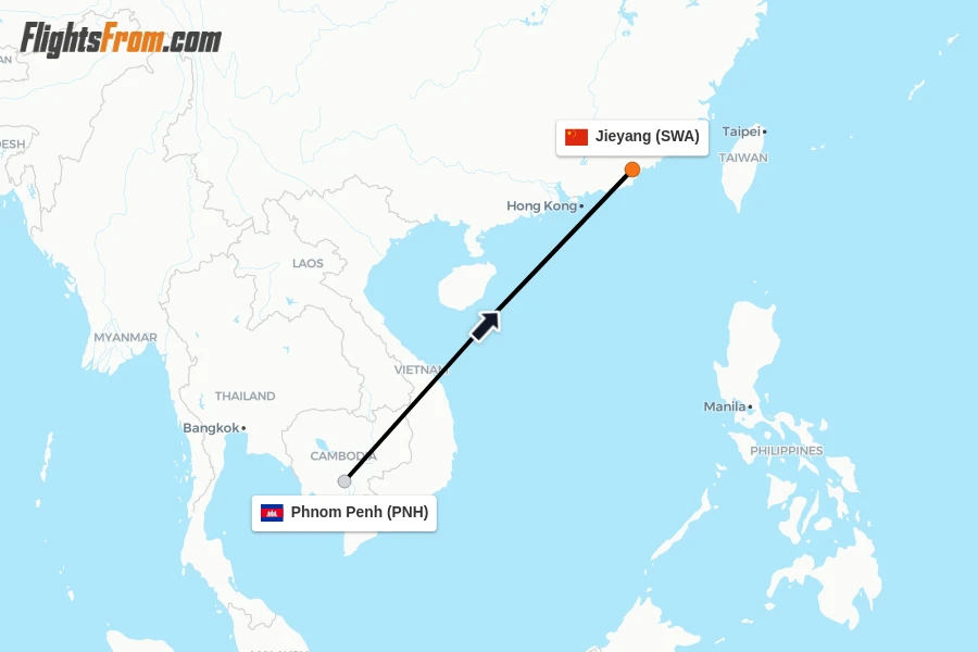 Flights from Phnom Penh to Jieyang route map