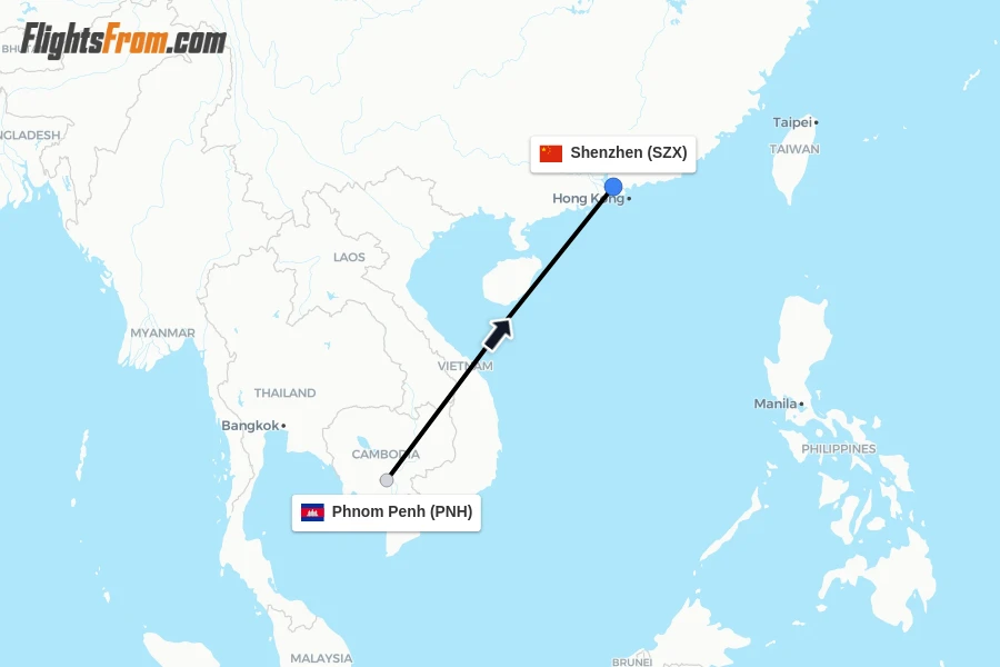 Flights from Phnom Penh to Shenzhen route map