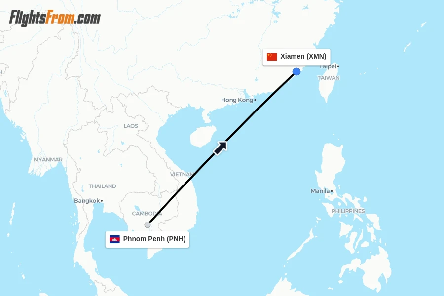 Flights from Phnom Penh to Xiamen route map