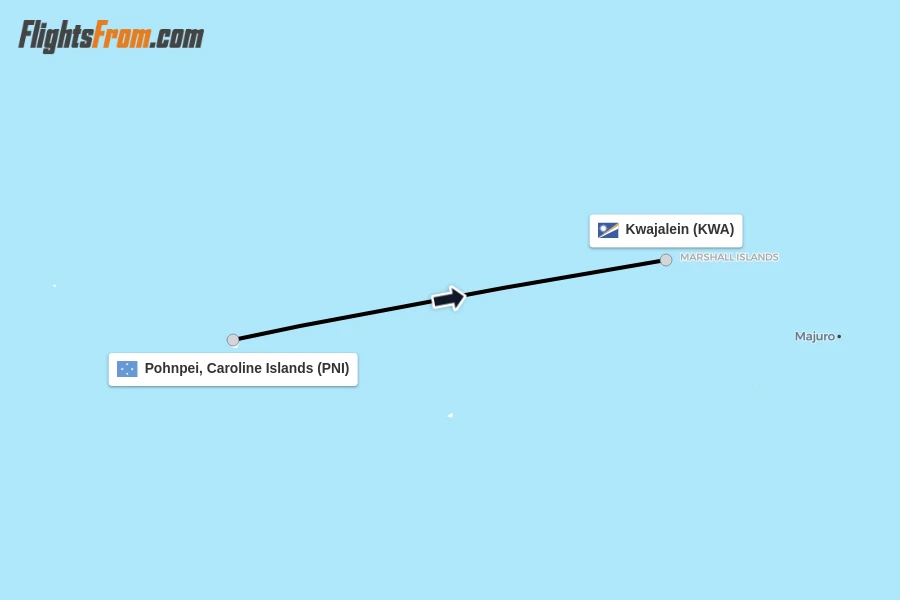 Flights from Pohnpei, Caroline Islands to Kwajalein route map