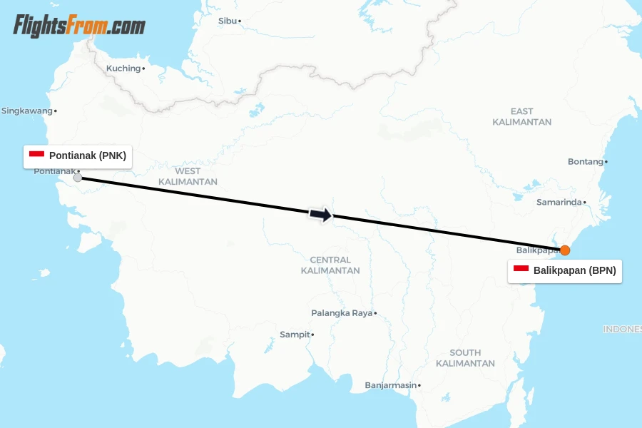 Flights from Pontianak to Balikpapan route map