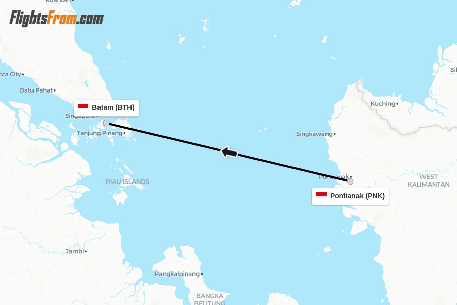 Flights from Pontianak to Batam route map