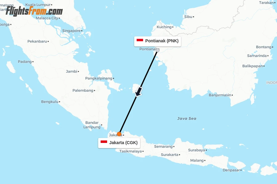 Flights from Pontianak to Jakarta route map