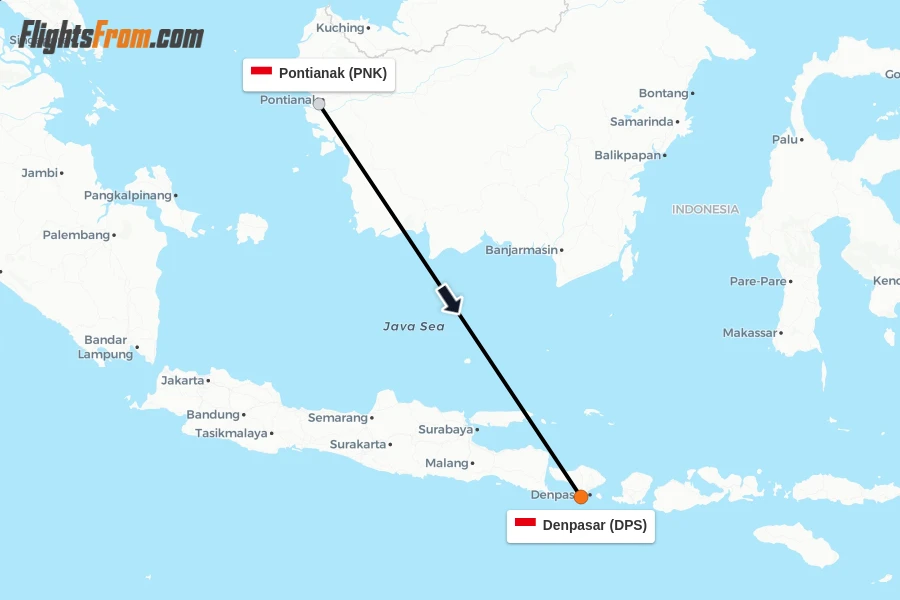 Flights from Pontianak to Denpasar route map