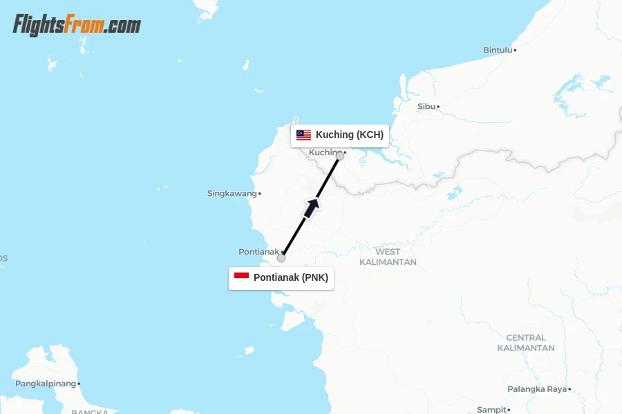Flights from Pontianak to Kuching route map