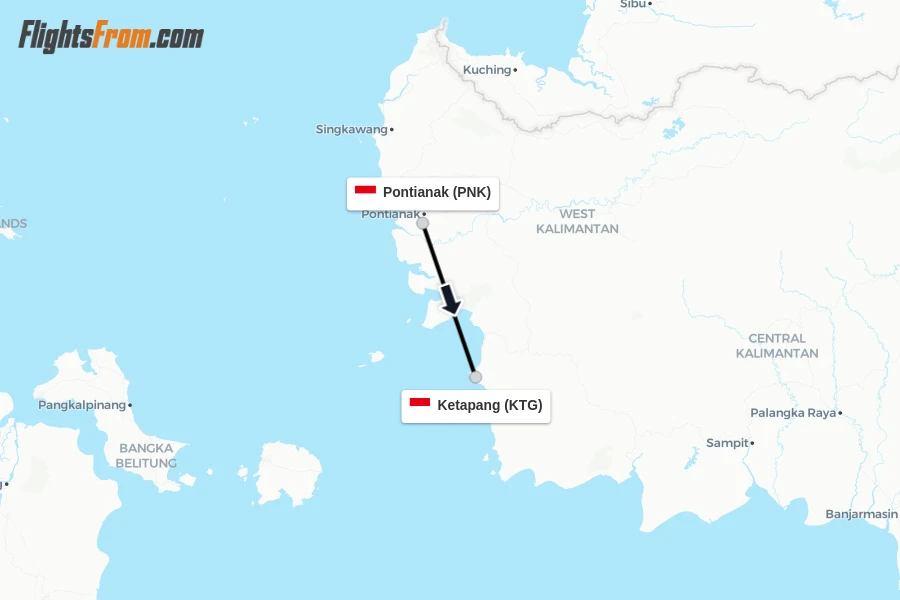 Flights from Pontianak to Ketapang route map