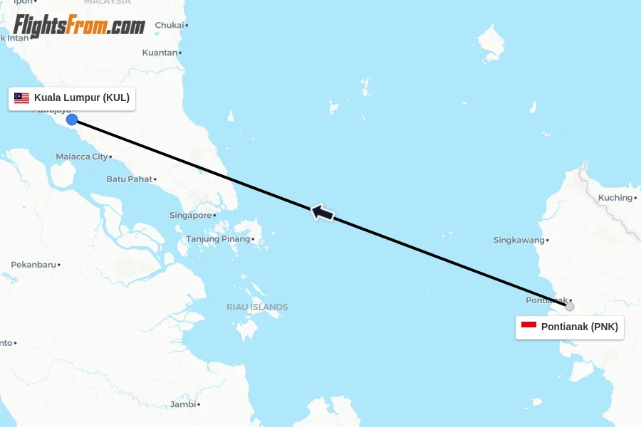Flights from Pontianak to Kuala Lumpur route map