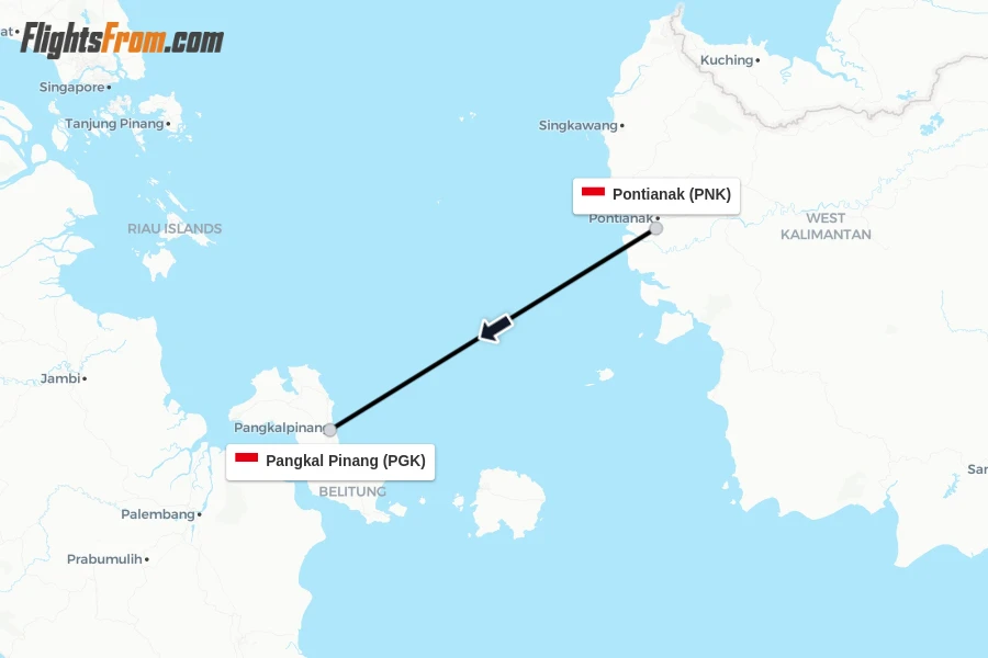Flights from Pontianak to Pangkal Pinang route map