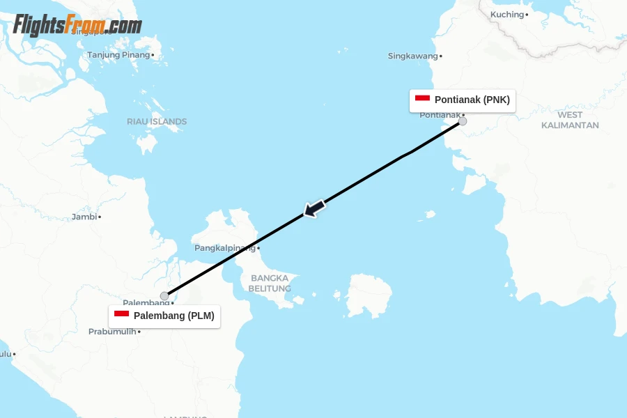 Flights from Pontianak to Palembang route map