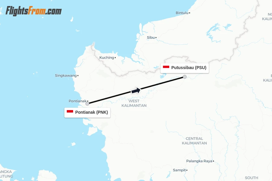 Flights from Pontianak to Putussibau route map