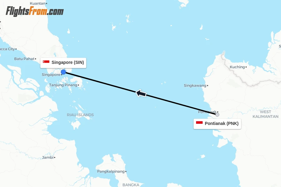 Flights from Pontianak to Singapore route map