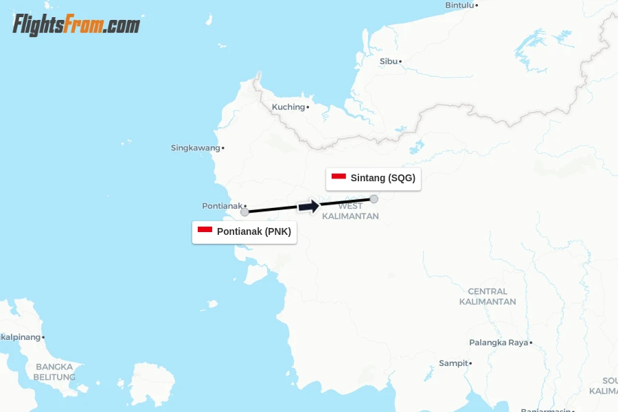 Flights from Pontianak to Sintang route map