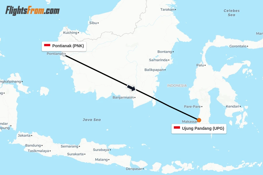 Flights from Pontianak to Ujung Pandang route map